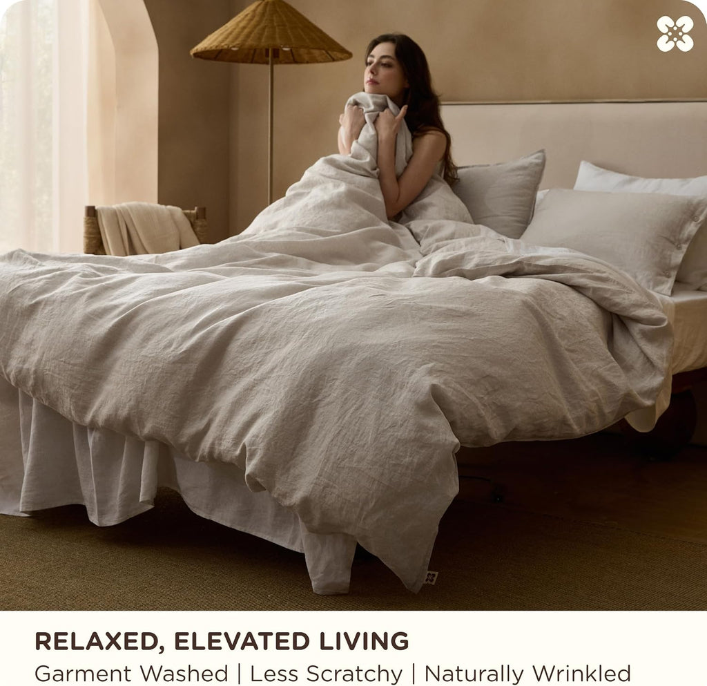 Bedsure 100% Linen Duvet Cover Queen Size, Washed 170 GMS European Flax-Linen, Soft 3pcs Bedding Set with Button Closure for Farmhouse, PureWoven Texture & Breathable for Hot Sleeper, Linen, Queen