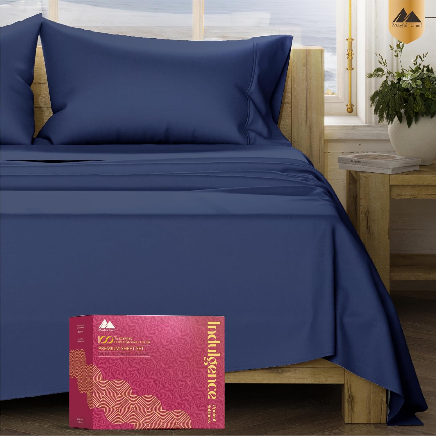 Mayfair Linen 100% Egyptian Cotton Queen Sheet Set - Luxury 1200 Series Egyptian Cotton Sheets Queen Size (4 PC, Navy Blue), Silky Soft, Cooling & Breathable, 17' Deep Pocket Sateen Hotel Bedding