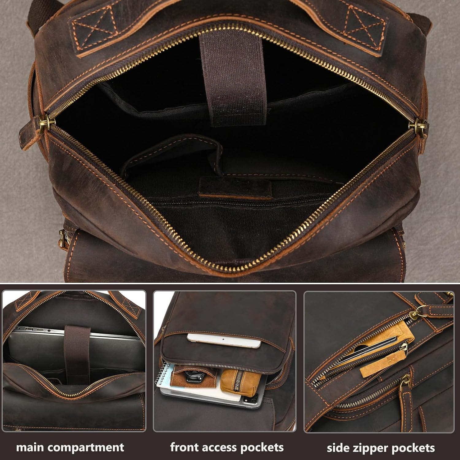 Vintage Full Grain Leather Backpack for Men, 16' Laptop Rucksack For Men Hiking Trave Work Business Bag, 1829 Dark Brown
