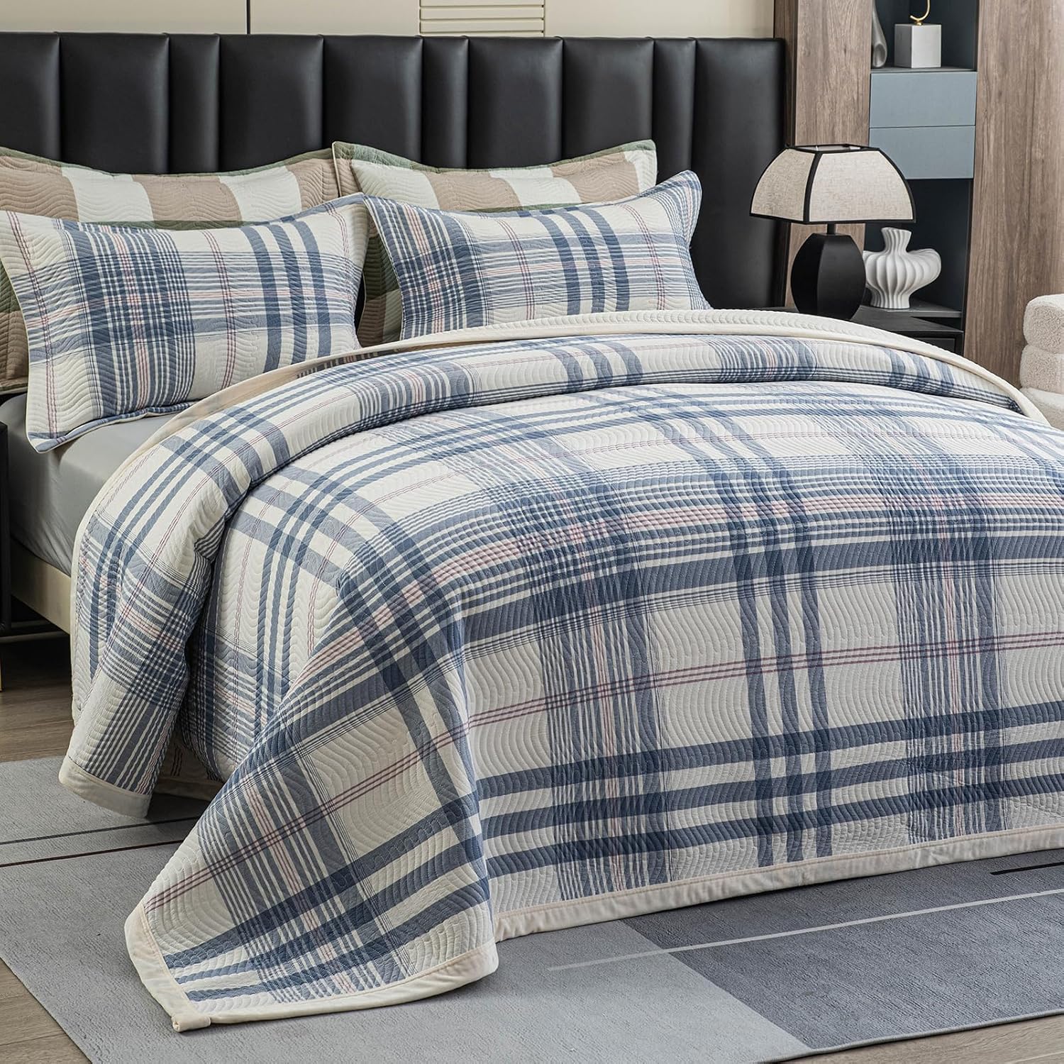 tohrisa Cotton Plaid Quilt Set, Ultra Soft 3 Pieces King Size Bedding with 2 Pillow Shams, Lightweight Reversible Coverlet Bedspread with Wave Quilting for Summer, 108'x96', Grid-Blue White