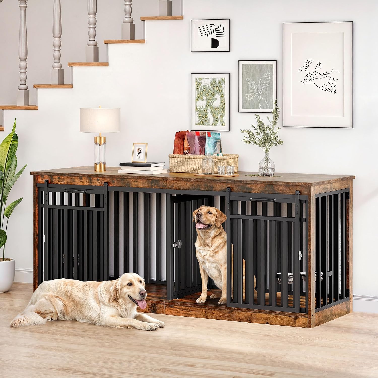 DWVO 71' Double Dog Crate Furniture for 2 Medium Dogs, Heavy Duty Wood Dual Dog Kennel TV Stand with Sliding Doors, Decorative Wooden 2 Dog Cage Table with Dog Bowls for Extra Large Dogs Rustic Brown