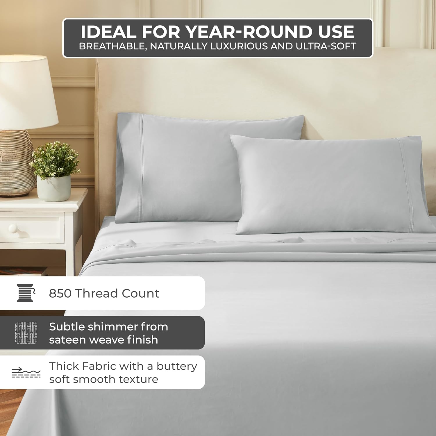 Superior Egyptian Cotton 850 Thread Count Bed Sheet Set, 1 Elastic Deep Pocket Fitted Sheet, 1 Flat Sheet, 2 Pillowcases, Daily Soft Sheets, Luxury, Plush, Hotel, Home Collection, King, Chrome