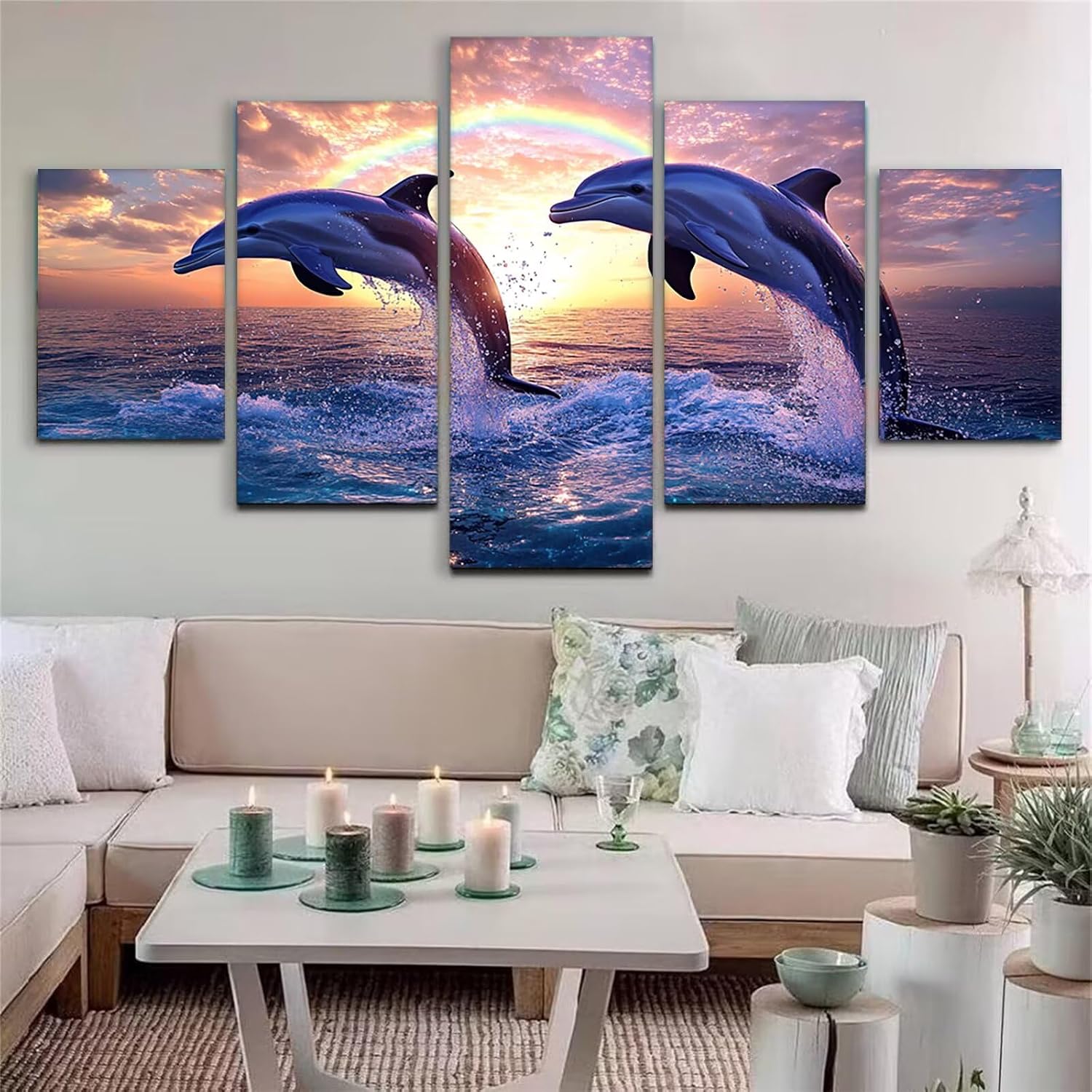 Rainbow Diamond Art 5 Piece Diamond Painting Dolphin 5D DIY Full Square Drill Dimond Art Paintings Crystal Crafts for Adults Gem Painting for Home Decor, Large Artwork for Wall 40 x 80 Inch, Model306