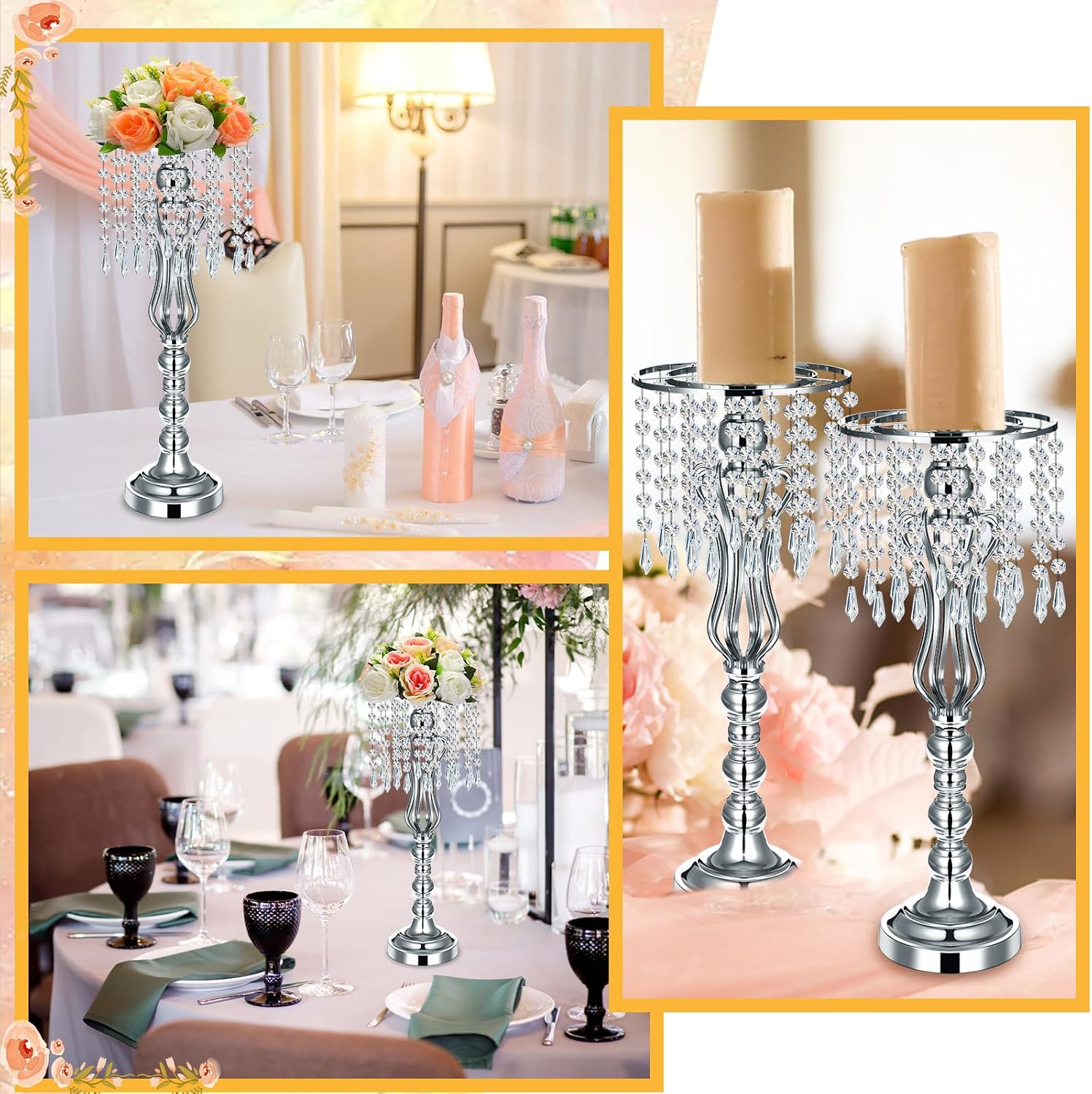 Didaey 16 Pcs Wedding Centerpieces for Tables, Gold Silver Vase Centerpiece with Chandelier Crystal Metal Flower Stand, Tall Flower Vases for Wedding Party Home Decoration(Silver,21.3')
