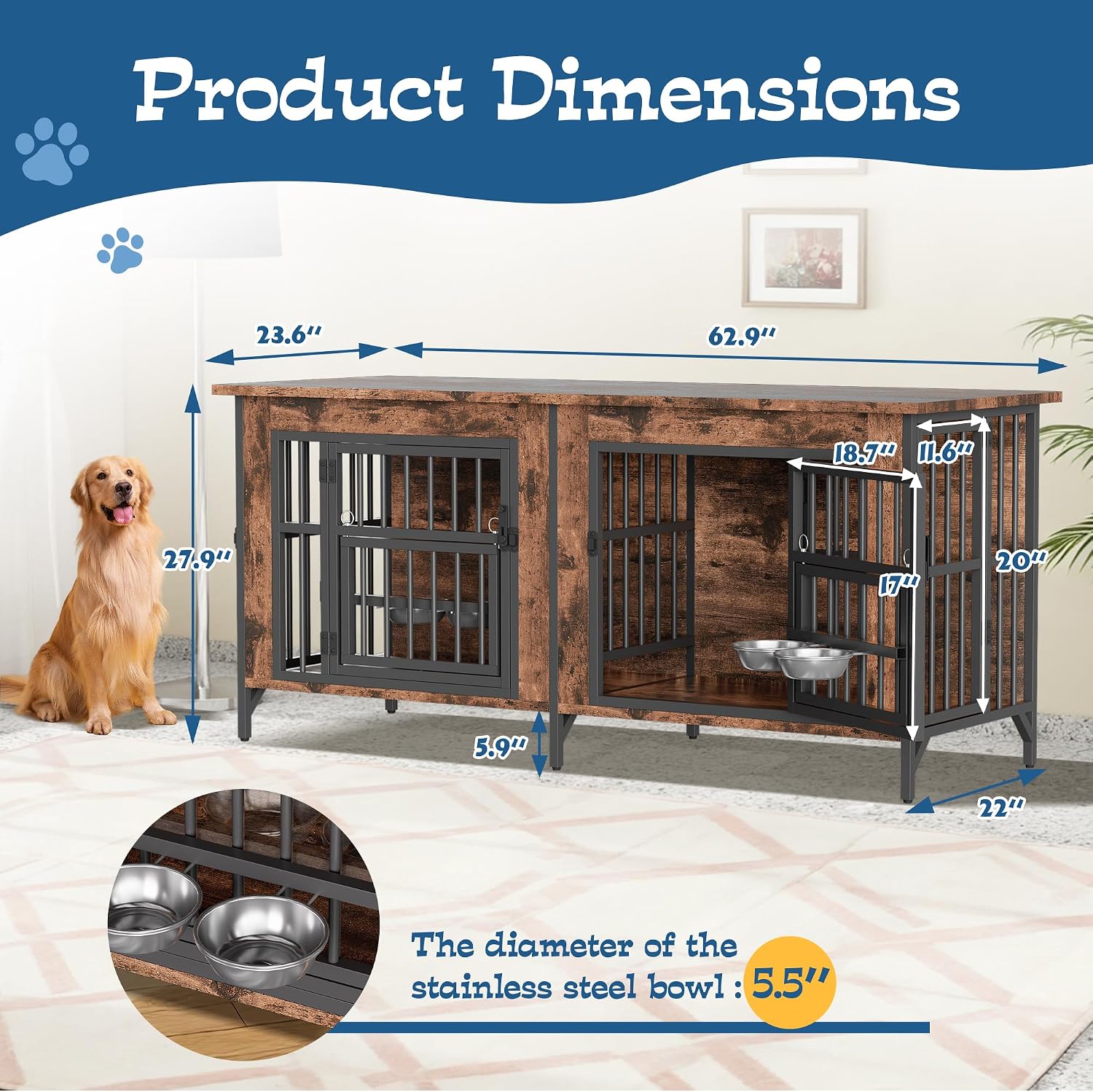 Grepatio 63' Double Dog Crate Furniture for 2 Dogs, Large Dog Kennel with 360° Rotating Feeder Bowls, Indoor Double Dogs Crates with 4 Doors, Wooden Crate TV Stand with Removable Divider