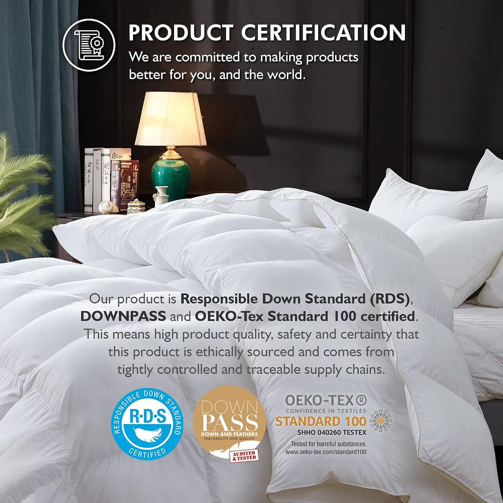 Luxurious Full/Queen Size Goose Down Fiber Waterfowl Feather Fiber Comforter Duvet Insert, Ultra-Soft 100% Cotton Cover, 60 oz. Fill Weight, All-Season White Solid Comforter