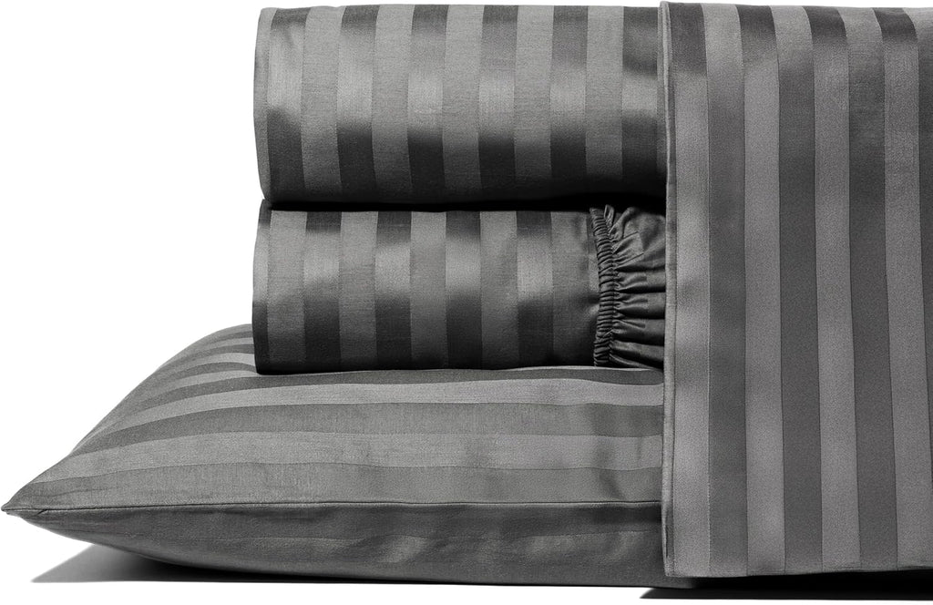 THREAD SPREAD Queen Sheet Set, Luxury 1000 Series Paradise Collection 100% Egyptian Cotton Damask Striped Bed Sheets Queen Size (4 PC, Dark Grey Stripe), Cooling 16' Deep Pocket Hotel Sheet Set