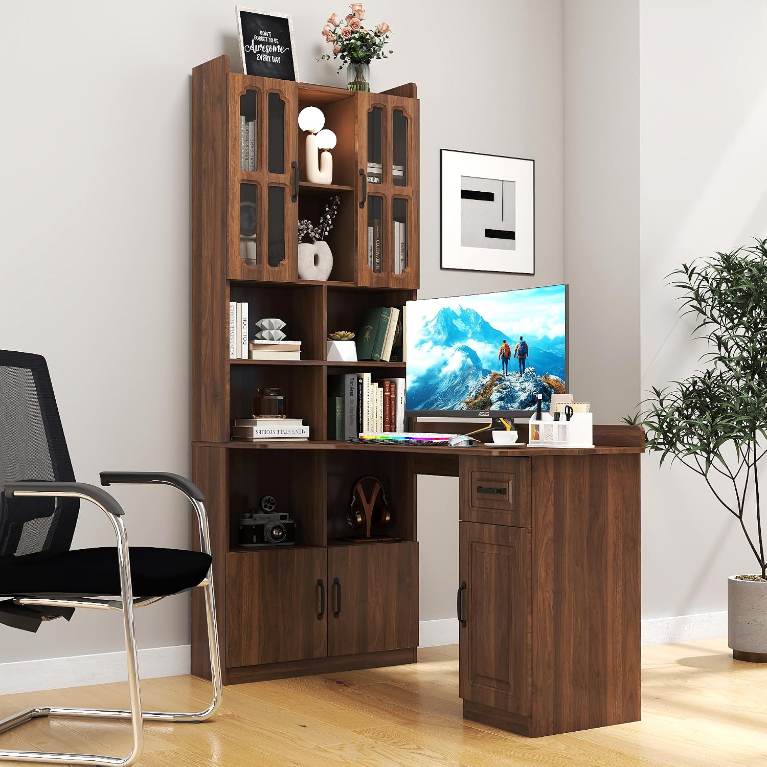 ZeHuoGe L-Shaped Corner Computer Desk for Home Office or Study Desk, Study Modern Style Table with Drawers, Bookshelf & Hutch, 2-in-1 L-Shaped Design, Large Working Space (Walnut)