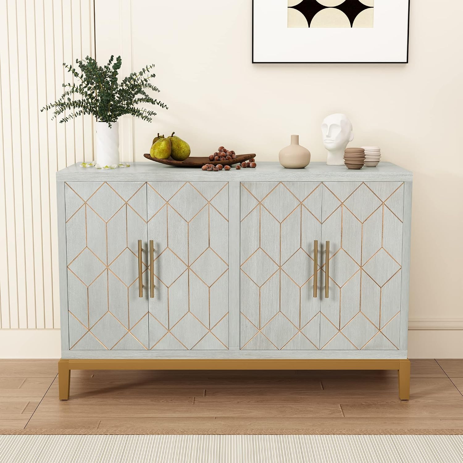 HLR 48' Accent Cabinet with 4 Doors and Shelves, Modern Credenza Storage Cabinet with Gold Trim, Green Buffet Cabinet for Living Room, Kitchen, Dining Room, Hallway