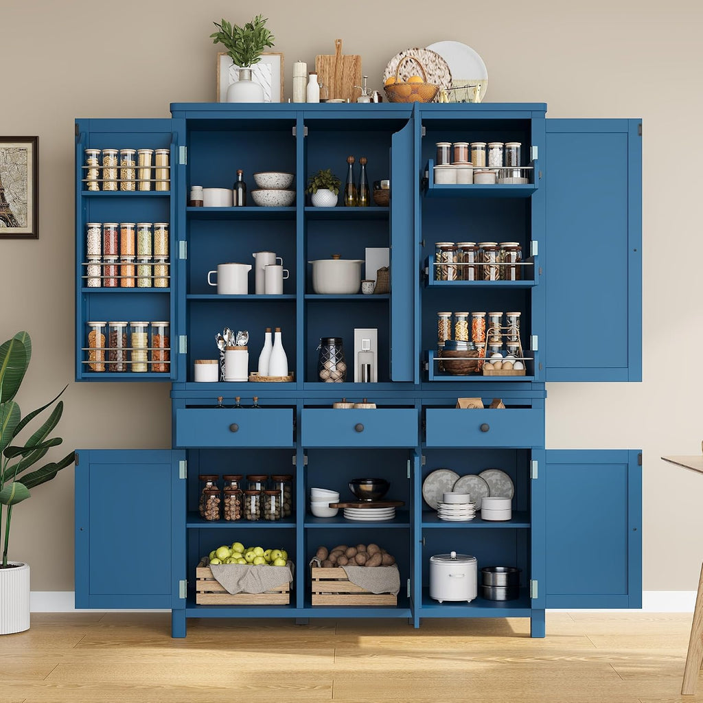 Farmhouse 74.8''H High Freestanding Kitchen Pantry, 53''Lx20''W Wooden Large Cupboard Storage Cabinet with Door Shelves, Adjustable Shelves, Pull-Out Trays and Drawers (Blue-6ds)