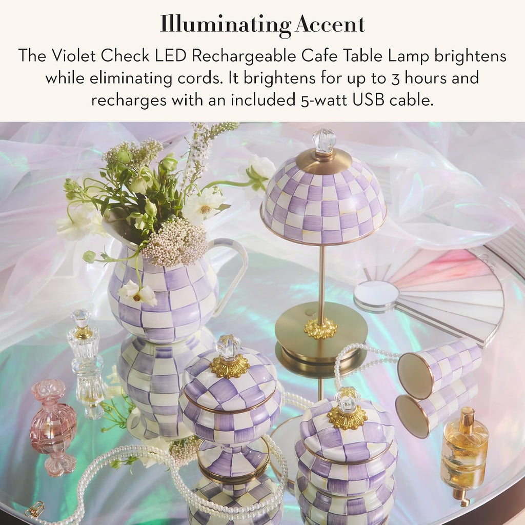 MACKENZIE-CHILDS LED Rechargeable Cafe Table Lamp, Cordless Decorative Lamp, Purple-and-White Violet Check