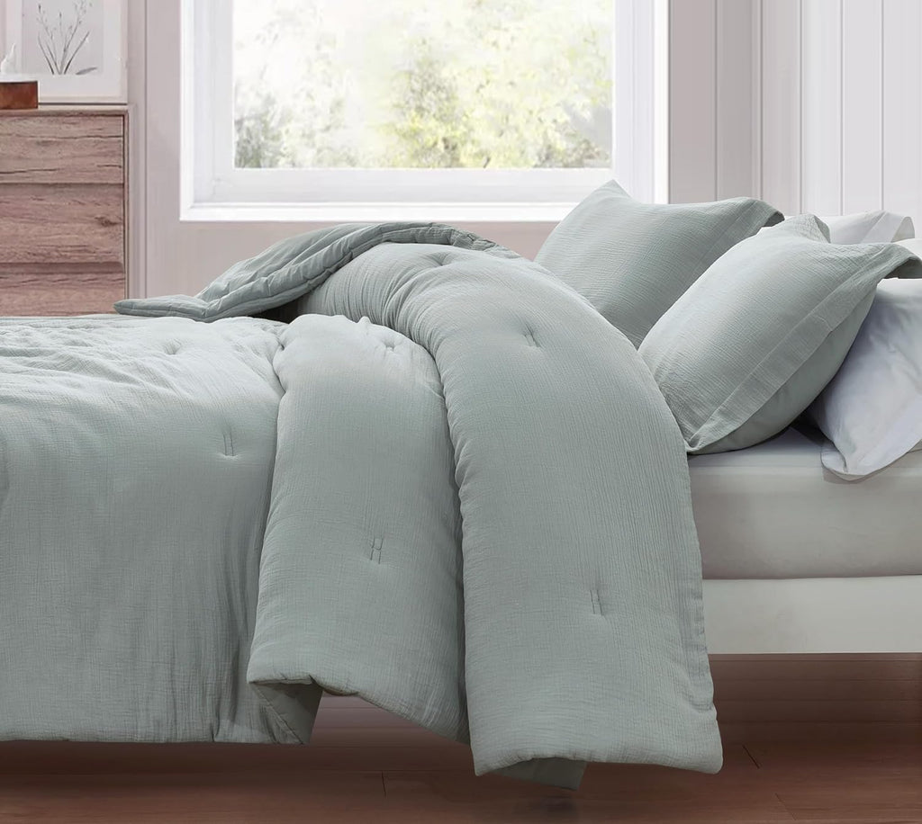 Chezmoi Collection Breeze 3-Piece 100% Cotton Muslin Oversized King Comforter Set, Light Blue-Gray Soft Washed Cotton Gauze Comforter, Lightweight Breathable Reversible 240GSM Fill Summer Bedding