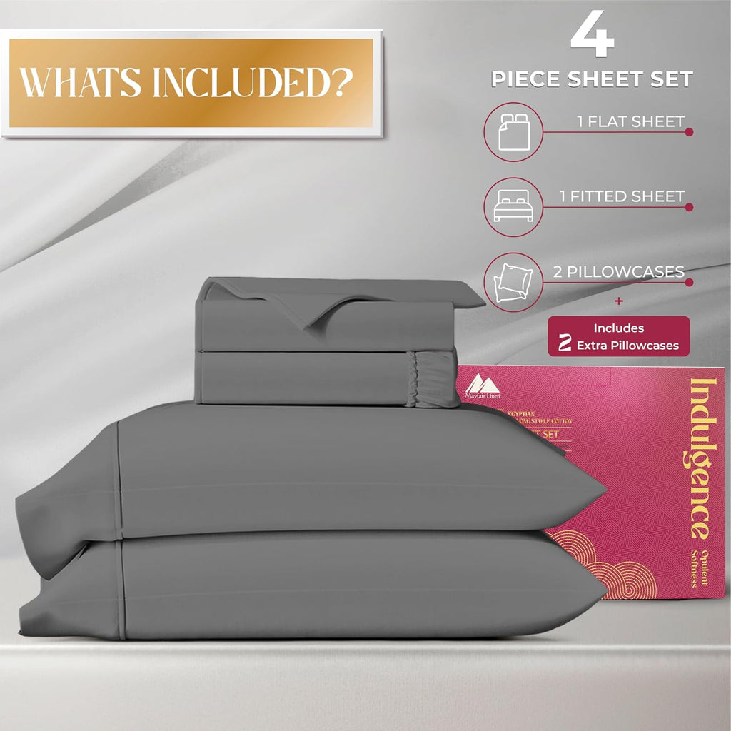 Mayfair Linen 100% Egyptian Cotton Queen Sheet Set - Luxury 1200 Series Egyptian Cotton Sheets Queen Size (4 PC, Dark Grey), Silky Soft, Cooling & Breathable, 17' Deep Pocket Sateen Hotel Bedding