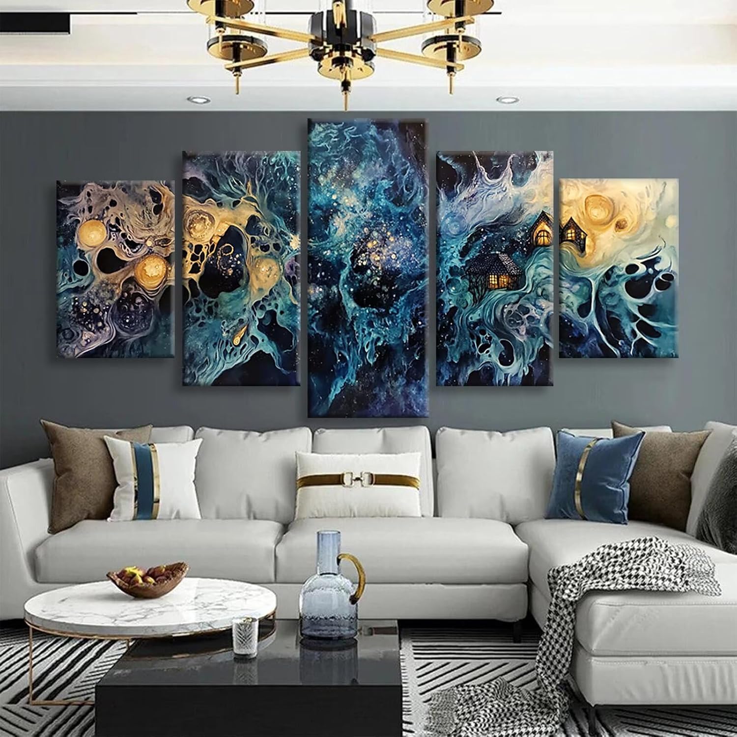 Abstract Diamond Art 5 Piece Diamond Painting Geometry 5D DIY Full Square Drill Dimond Art Paintings Crystal Crafts for Adults Gem Painting for Home Decor, Large Artwork for Wall 40 x 80 Inch,Model408