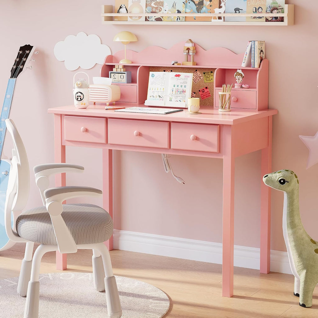 FUNKOCO Home Office Furniture Writing Desk,Computer Work Station with Detachable Hutch,5 Drawers(Pink)