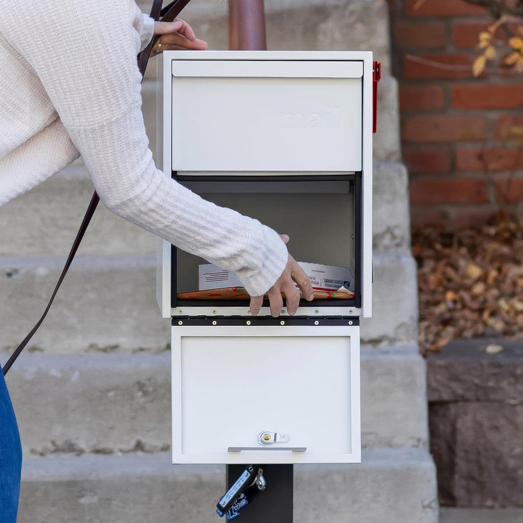 Adoorn Lockable Post Mount Mailboxes for Outside - Large Anti-Theft Locking Mailbox for Packages and Letters - Weatherproof Construction - Durable Steel - 15.5' H x 12' W x 18.5' D - White