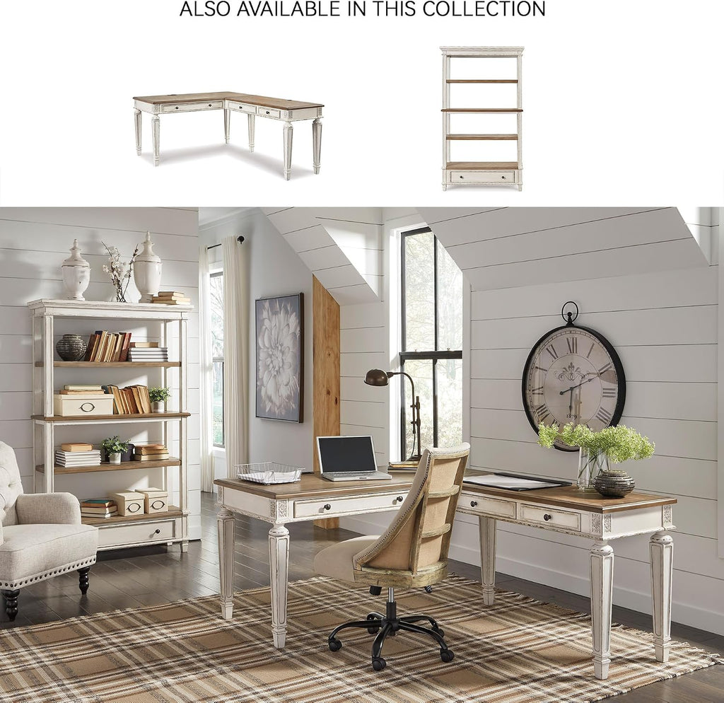 Signature Design by Ashley Realyn Cottage L-Shaped Distressed 2-Piece Home Office Desk with Power Supply and USB Ports, White & Light Brown