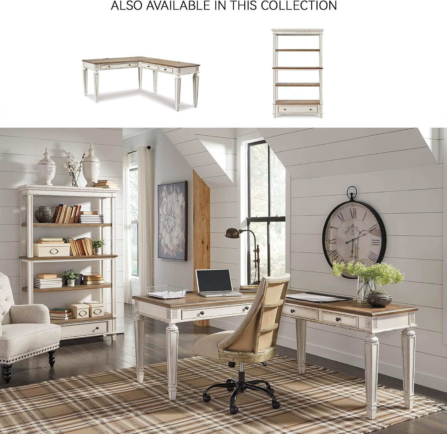 Signature Design by Ashley Realyn Cottage L-Shaped Distressed 2-Piece Home Office Desk with Power Supply and USB Ports, White & Light Brown