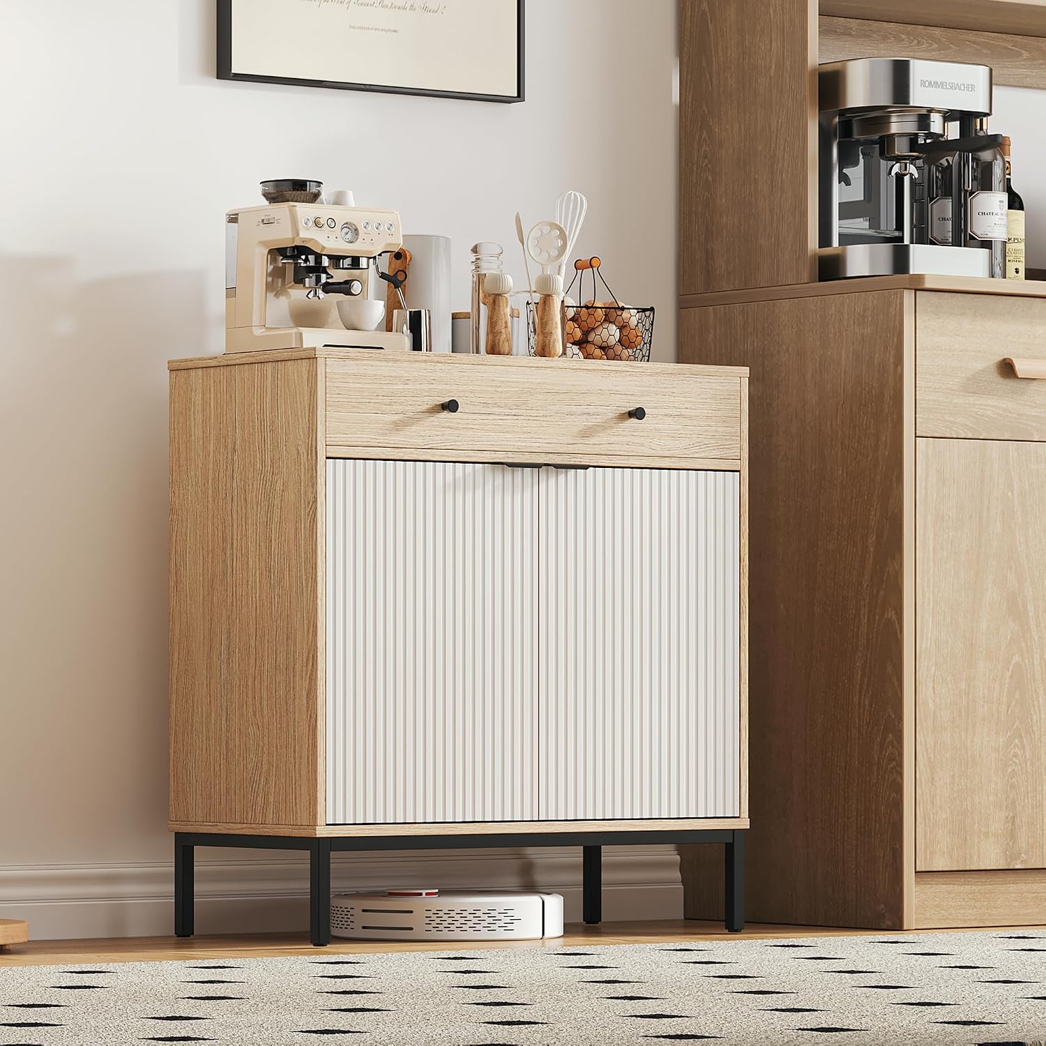 Mericonia Farmhouse Buffet Sideboard Cabinet with Storage, Fluted Coffee Bar with Doors and Adjustable Shelves, Modern Wood Cabinet for Kitchen, Livingroom (Fluted 2 Door, Oak & White)