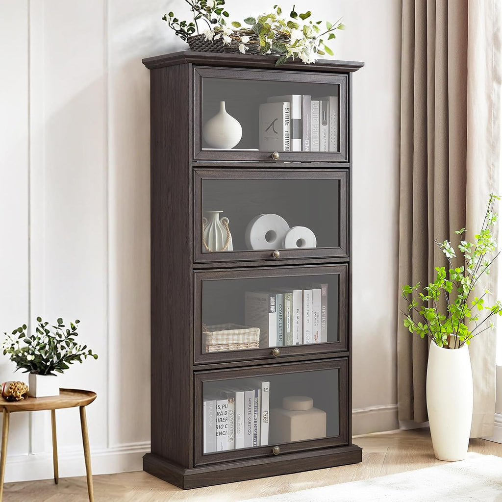 Brown Glass Display Curio Cabinet, Barrister Bookcase with Glass Doors, Rustic Brown Wood Display Cabinet, 31.5'L x 13.7'W x 63'H