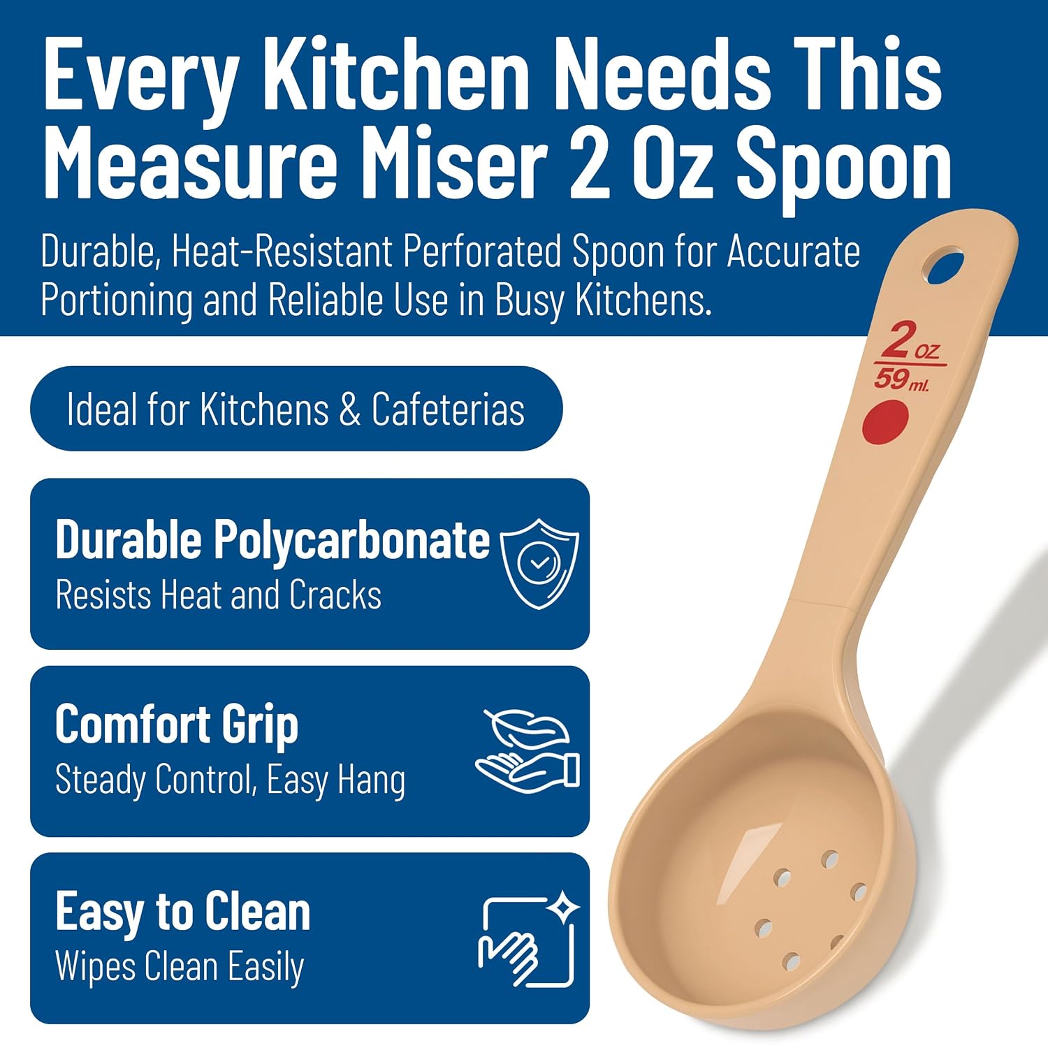 Carlisle FoodService Products 2 Oz Perforated Portion Control Spoon – Short Handle Measuring Spoon – Beige Polymer Foodservice Spoon for Commercial Kitchens, (Pack of 12)