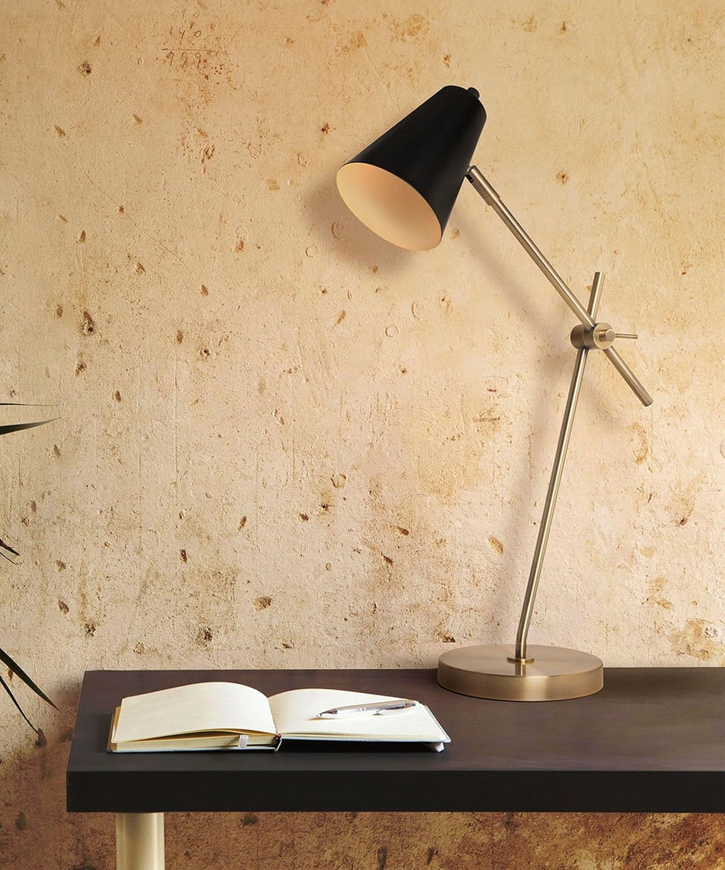 HarvestLand HaloBar Brass Desk Lamp Home Office – Black Industrial Table Lamp with Solid Base for Office, Reading Lamps for Bedside Table, Study and Reading Task Lamp, Gifts for Men