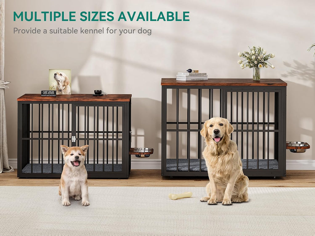 YITAHOME 77.6' Large Corner Dog Crate Furniture for 2 Dogs, Steel Frame Cage with Double Doors & Bowls & 3 Doors, Double Dog Crate Furniture TV Stand for Medium Large Dogs, Brown