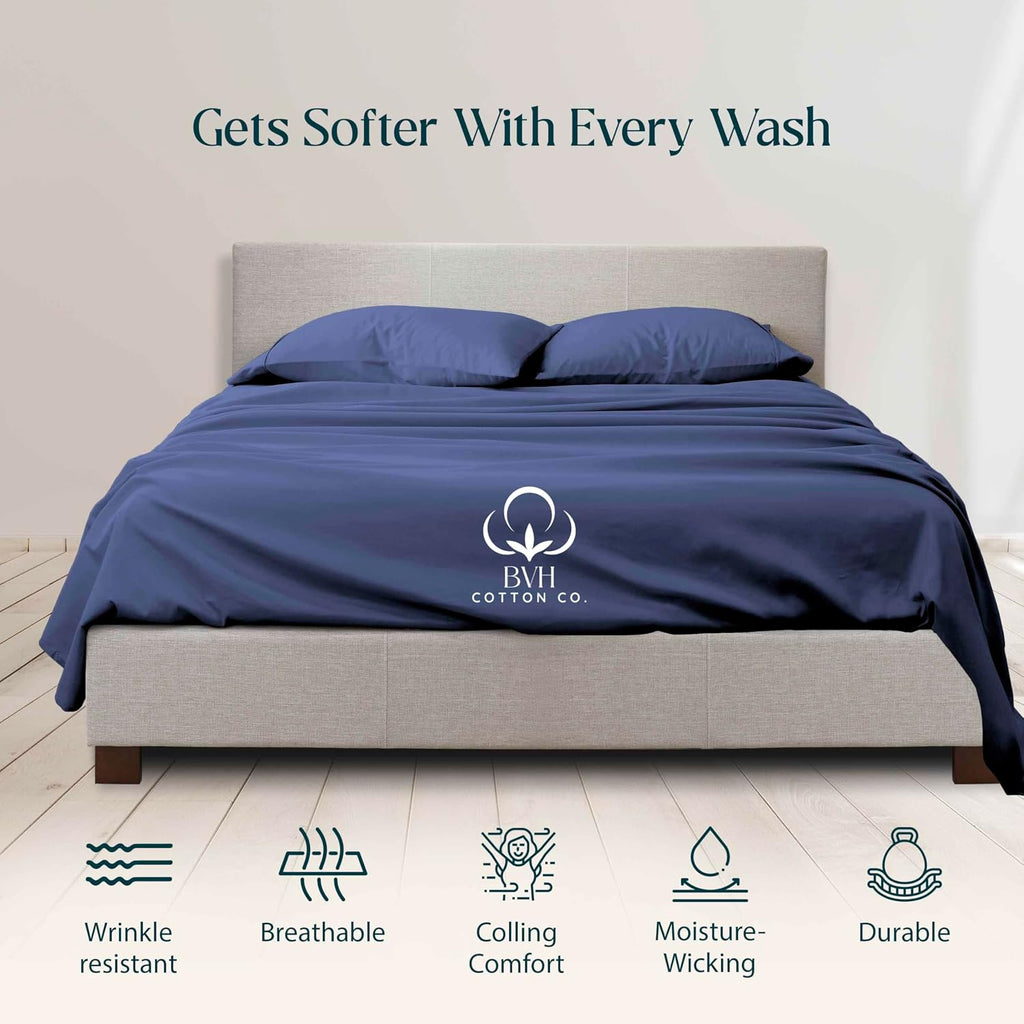 Egyptian Cotton Queen Size Sheet Set, 4Pc Bed Set, Soft & Breathable Percale Weave, Fits 10-12' Deep Pocket, Hotel-Quality 1000 Series Bed Sheets (Solid, Medium Blue)