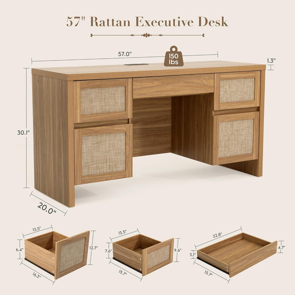 Yechen Executive Desk with 5 Drawers, 57' Modern Rattan Home Office Desk with Charging Station, File Drawer, Farmhouse Boho Computer Writing Desk for Study, Work, Walnut Brown