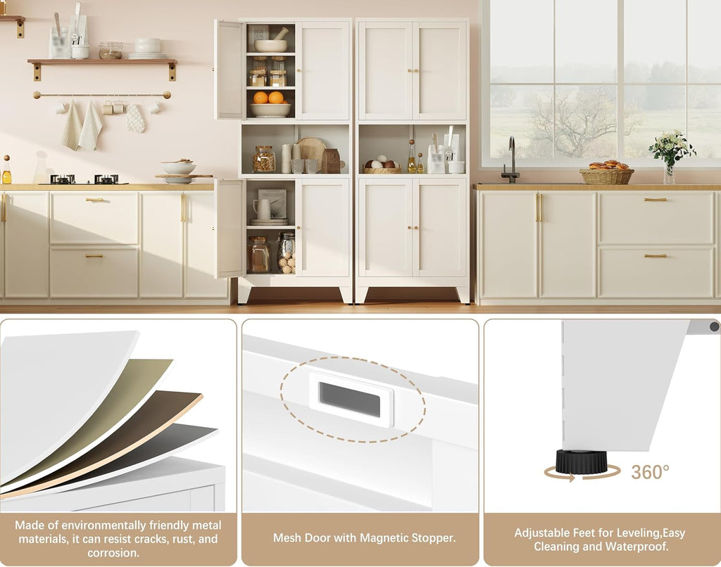 69' H Kitchen Hutch Cabinet with Storage,White Metal Storage Cabinet,Microwave Cabinet,Kitchen Pantry Cabinet with Countertop