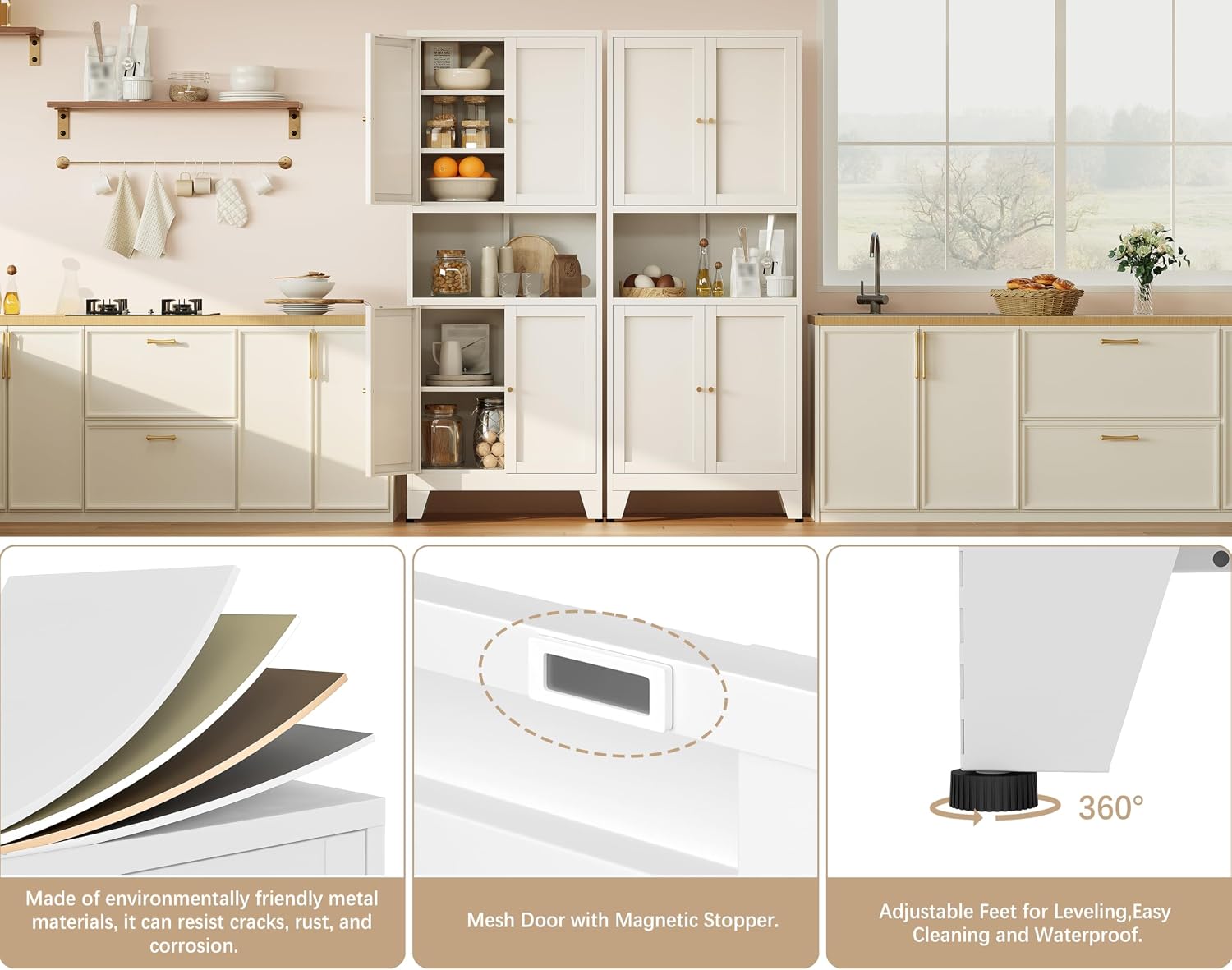 69' H Kitchen Hutch Cabinet with Storage,White Metal Storage Cabinet,Microwave Cabinet,Kitchen Pantry Cabinet with Countertop