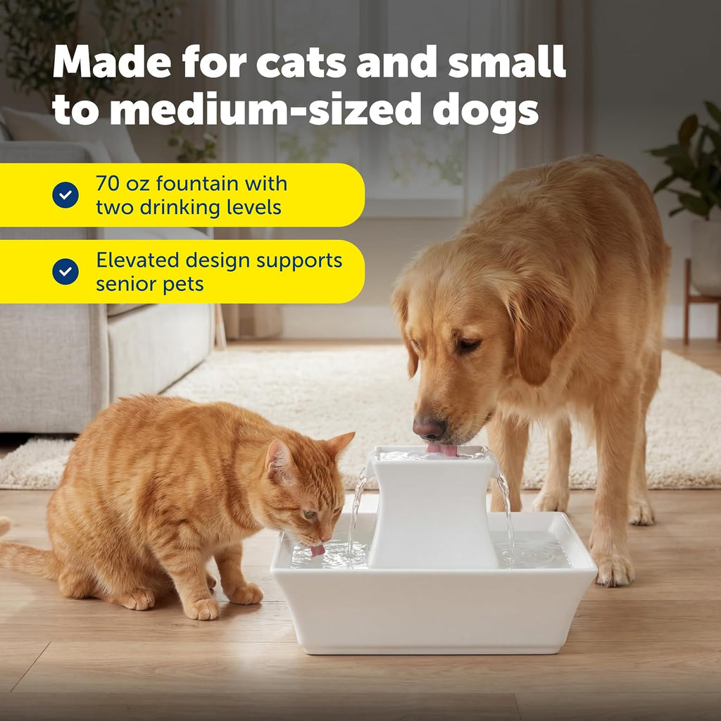 PetSafe Drinkwell Pagoda Pet Fountain 70 oz/ 2L Capacity,Elevated Indoor Ceramic Cat Water Fountain, 2 Levels of Free-Falling Stream, Included Carbon & Foam Filter Provide Fresh Water with Every Sip