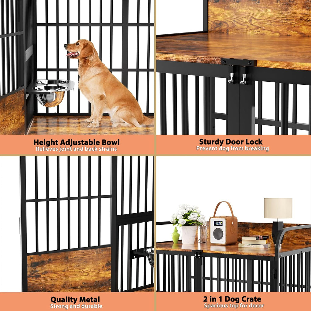 BEURUKU XL Dog Crate Furniture, Large Dog Kennel Indoor with 2 Adjustable Bowls, Heavy Duty Dog Crate for Large Dogs 48 Inch, Wooden Dog Cage Brown, 48' L X 30' W X 45' H