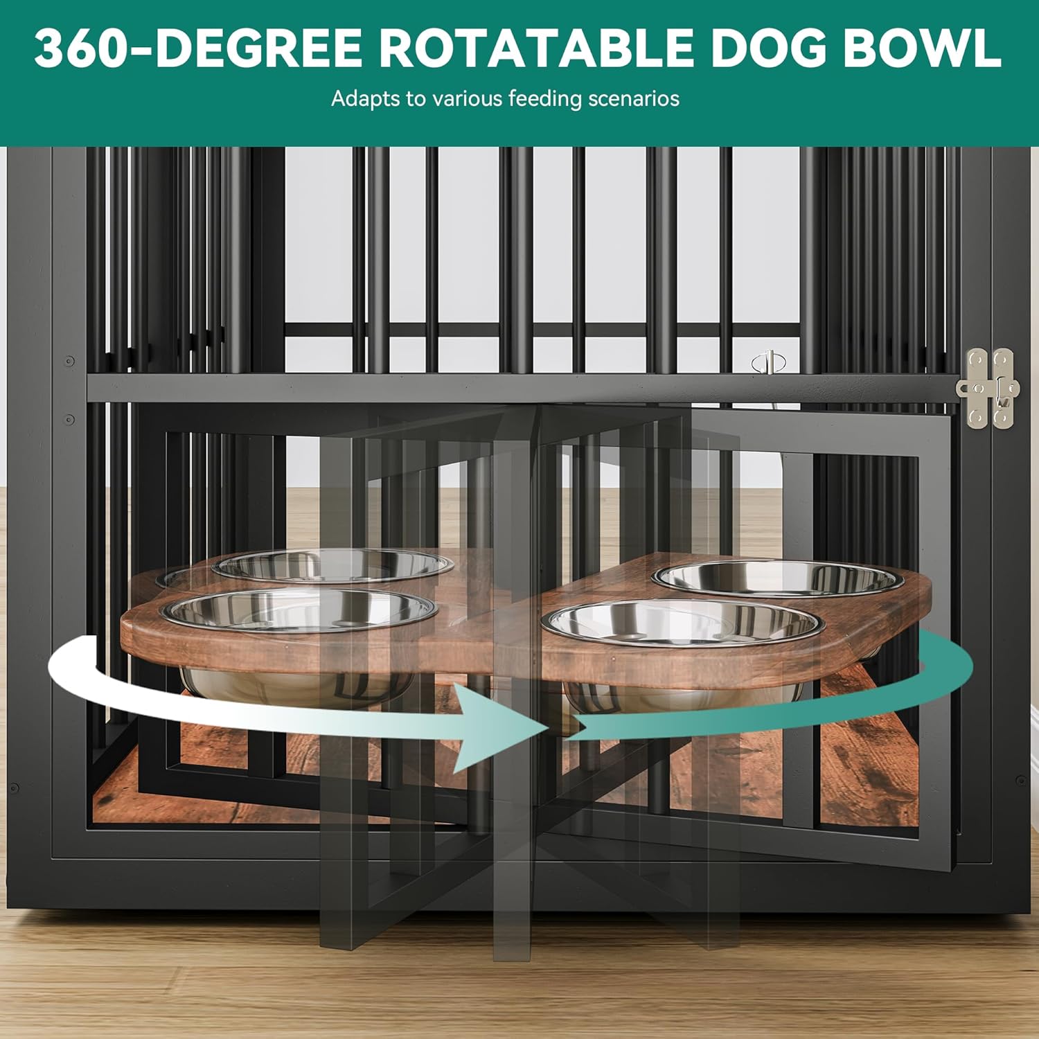 YITAHOME 77.6' Large Corner Dog Crate Furniture for 2 Dogs, Steel Frame Cage with Double Doors & Bowls & 3 Doors, Double Dog Crate Furniture TV Stand for Medium Large Dogs, Brown