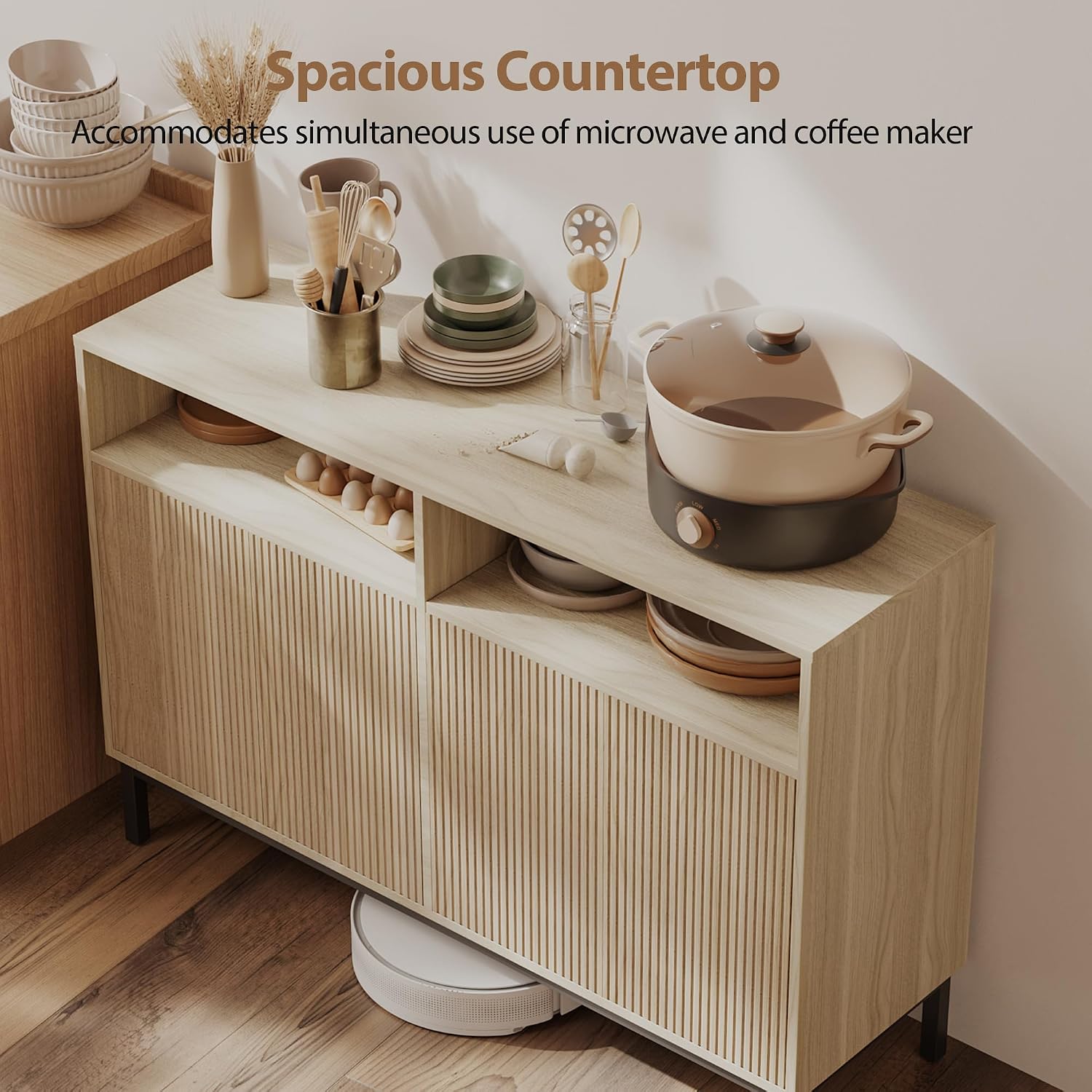 Mericonia Farmhouse Buffet Sideboard Cabinet with Storage, Fluted Coffee Bar with Doors and Adjustable Shelves, Modern Wood Console Cabinet for Kitchen, Livingroom (Fluted 4 Door, Oak)