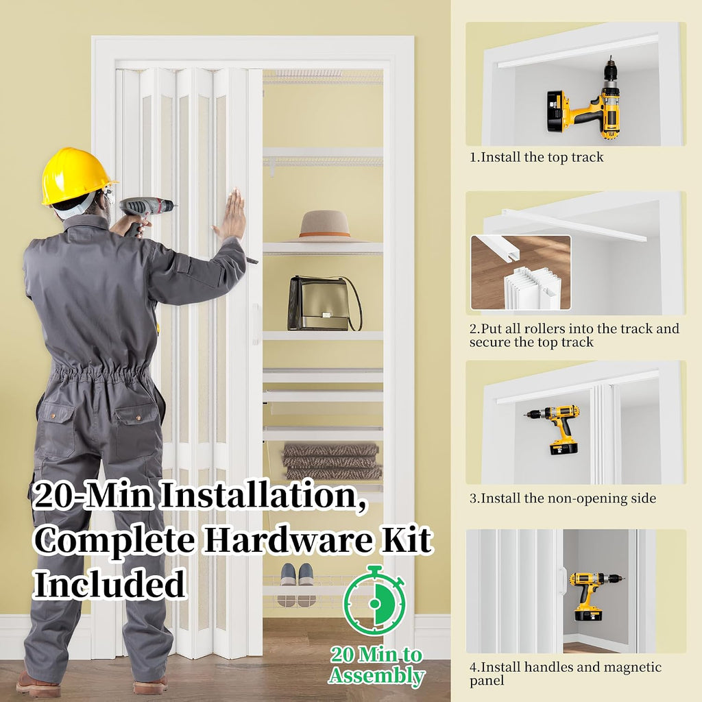 WINSTELLAR 36' x 80' Enhanced Accordion Doors with 3 Frosted Acrylic Panels, Bifold Closet Door Hardware Kit Included, PVC Interior Folding Doors with 2 Handles for Closet Bathroom Doorways