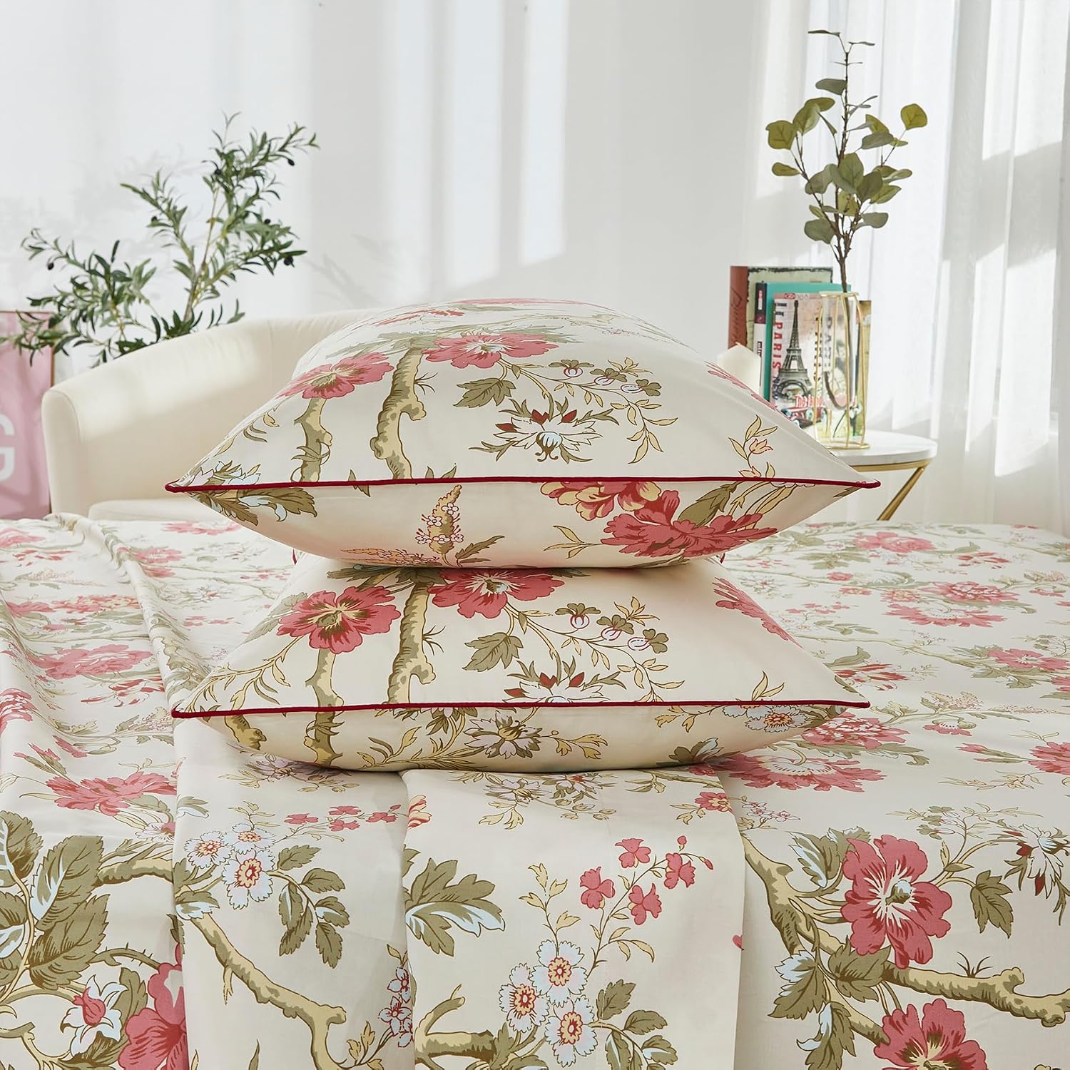 Brandream Floral Bedding Chinoiserie Blossom Farmhouse Sheets Set Queen Size Luxury Grandmillennial Bedding Decor 100% Egyptian Cotton Deep Pocket, 4Pieces Botanical Tree Branches Ornamental Drawing