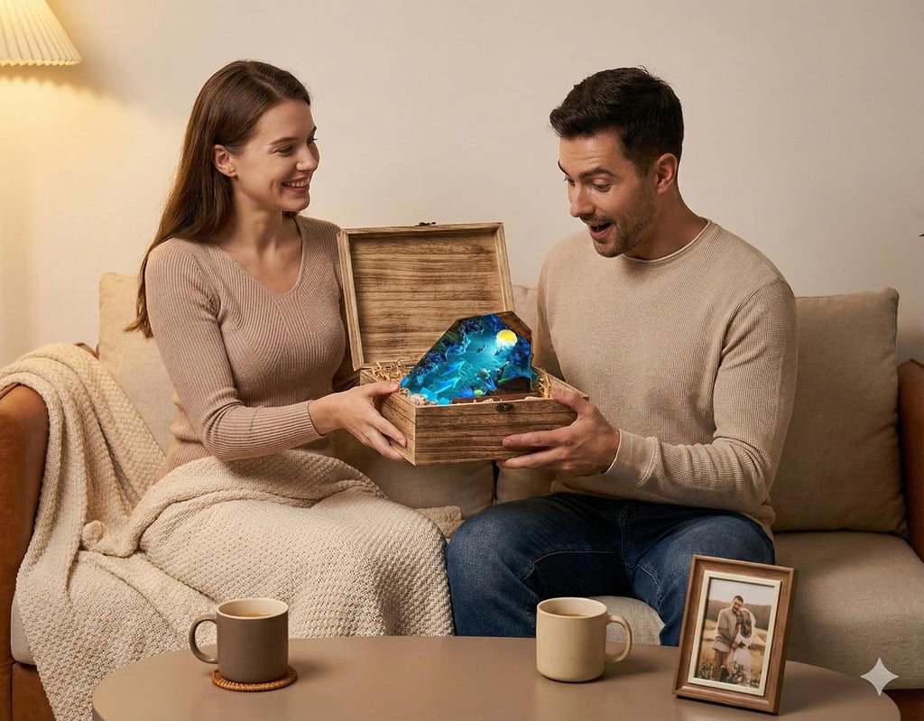 3D Resin Night Light,Ocean Theme LED Lighting epoxy Resin Decorative Light with Wooden Base, Suitable for Home Office Desk Decoration, is a Creative Birthday Gift for Women and Men.