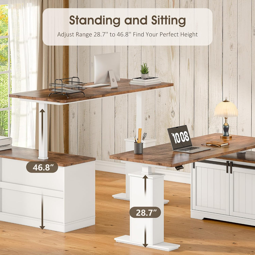 Whalefall L Shaped Standing Desk with Drawers, Height Adjustable Farmhouse Executive Computer Desk, Corner Desk with Cable Management and File Storage for Home Office, White