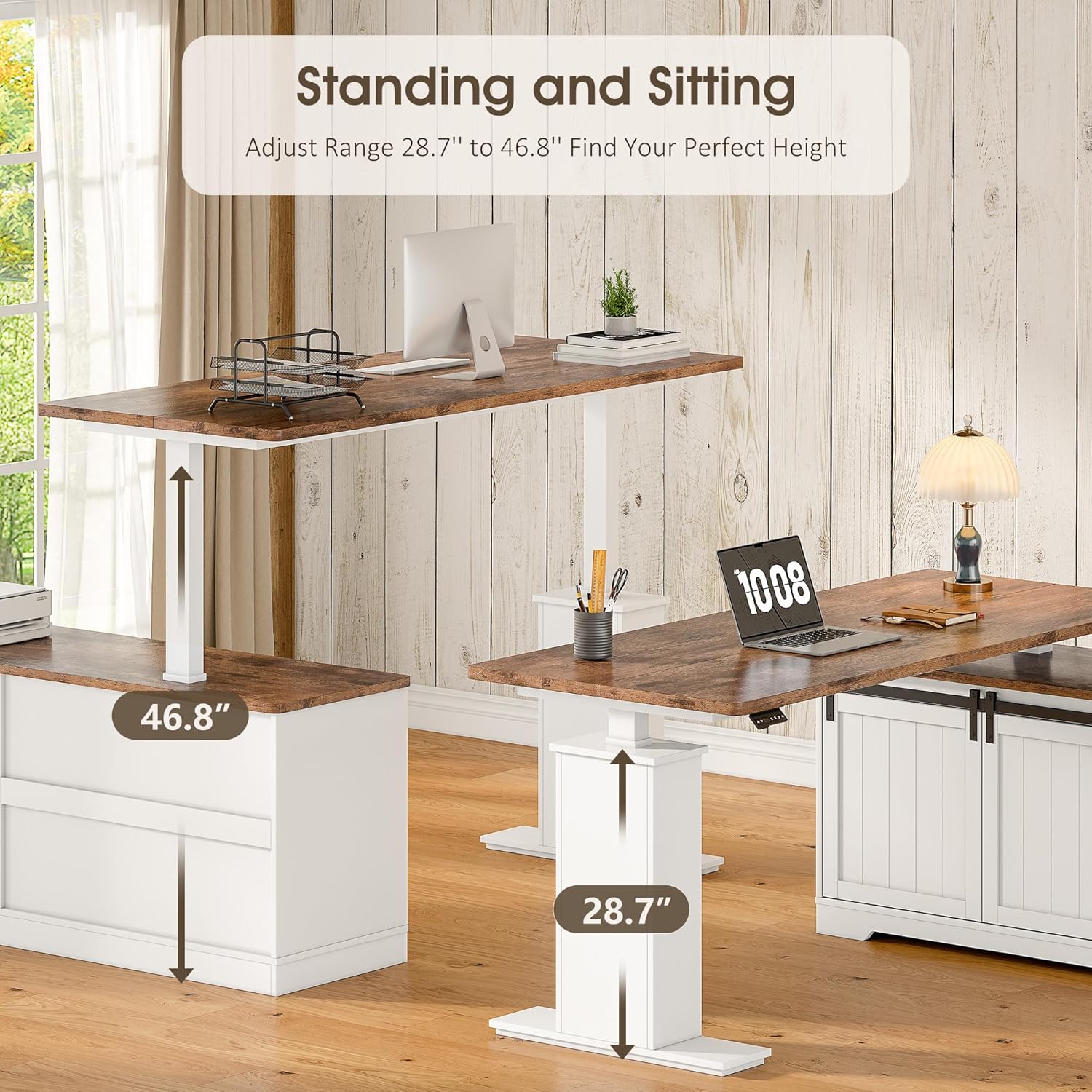 Whalefall L Shaped Standing Desk with Drawers, Height Adjustable Farmhouse Executive Computer Desk, Corner Desk with Cable Management and File Storage for Home Office, White