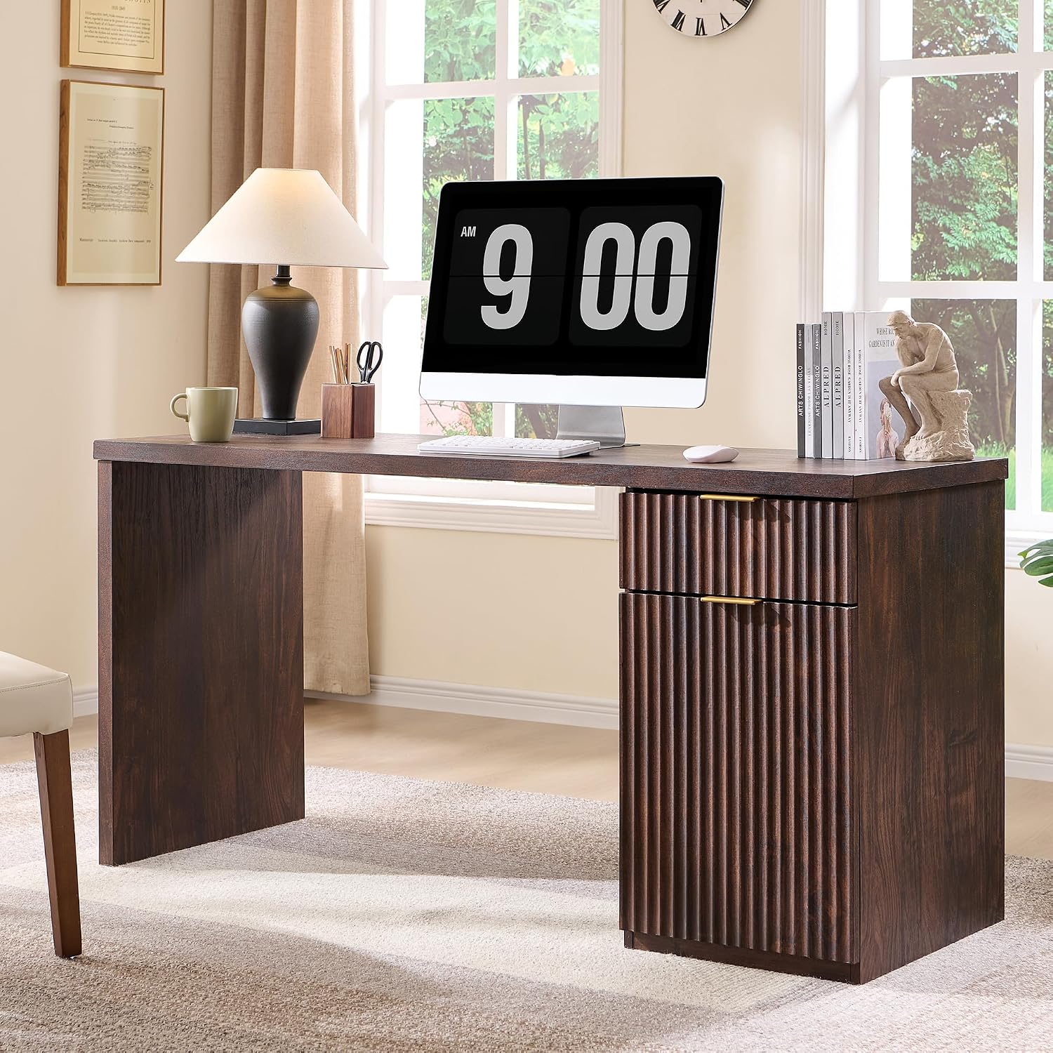 JXQTLINGMU 60' Modern Executive Desk with Storage, Wood Home Office Desk with Drawer & Cabinet, Fluted Computer Writing Desk for Study, Living Room, Bedroom, Dark Walnut
