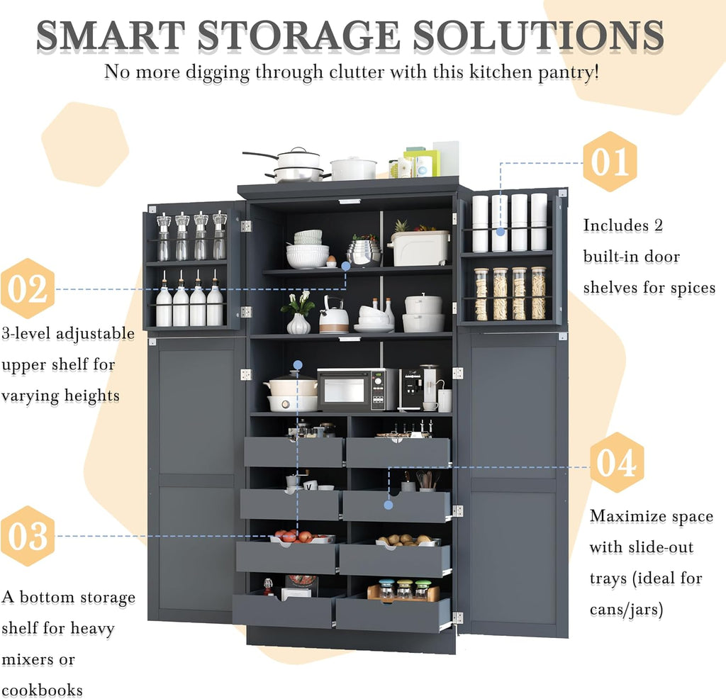 Merax 71' Tall Kitchen Pantry Cabinet with 4 Doors, 2 Door Shelves, 8 Pull-Out Trays and Adjustable Shelf, Freestanding Pantry for Kitchen, Dining,Gray (35.5x17.6x70.9inch)