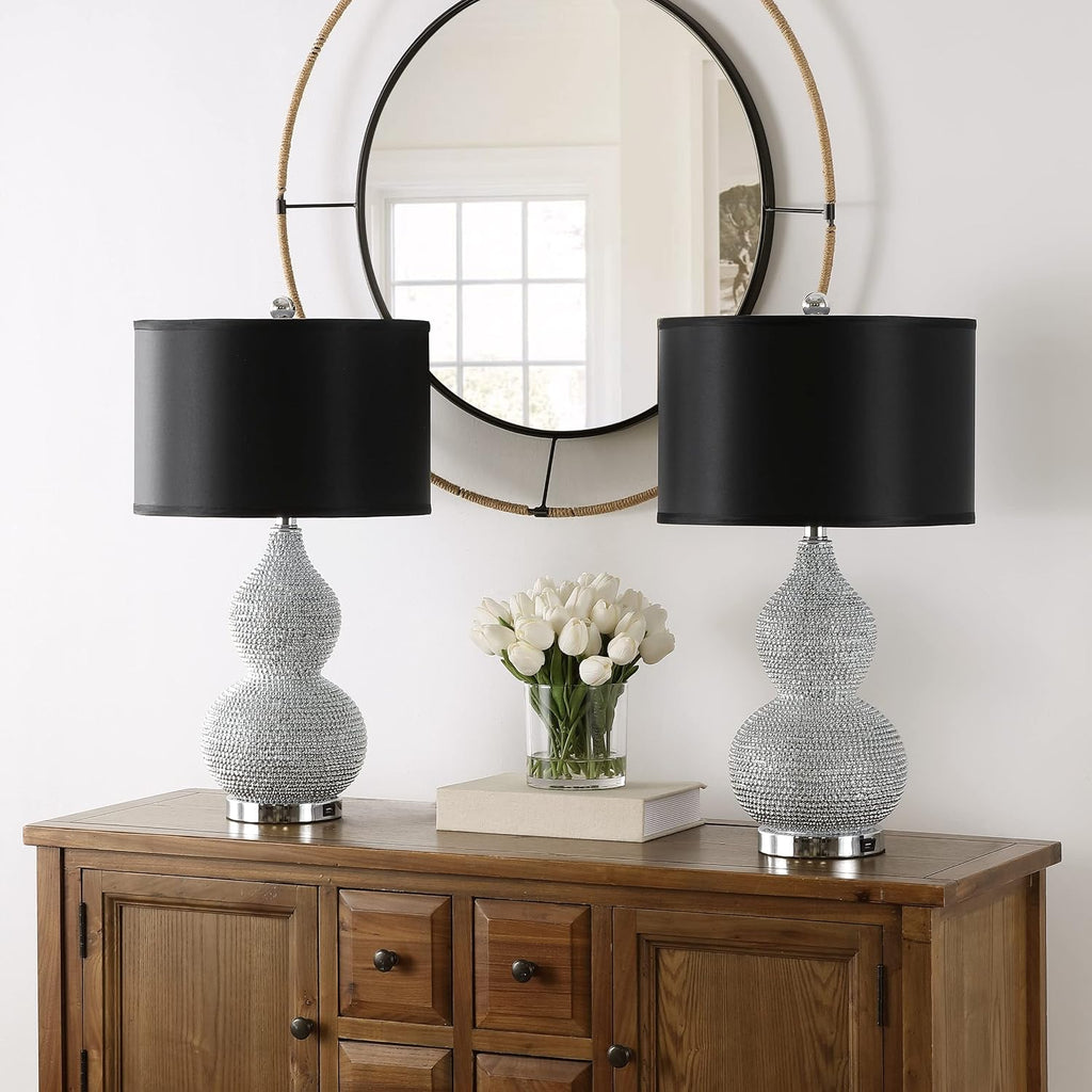 SAFAVIEH Lighting Collection Nicole Silver/Black Shade Beaded 25-inch Table Lamp Set of 2 with USB Charging Port (LED Bulbs Included)