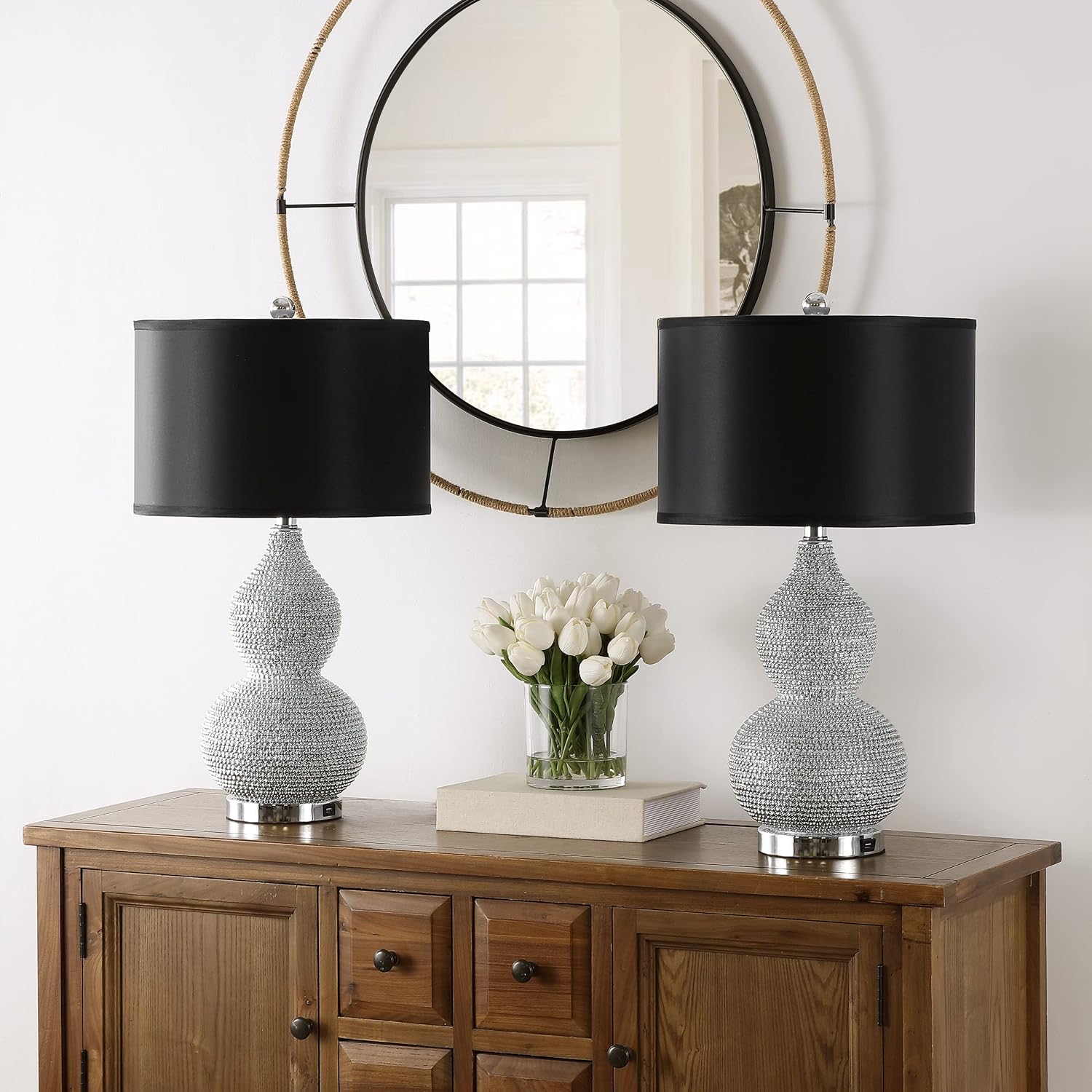SAFAVIEH Lighting Collection Nicole Silver/Black Shade Beaded 25-inch Table Lamp Set of 2 with USB Charging Port (LED Bulbs Included)