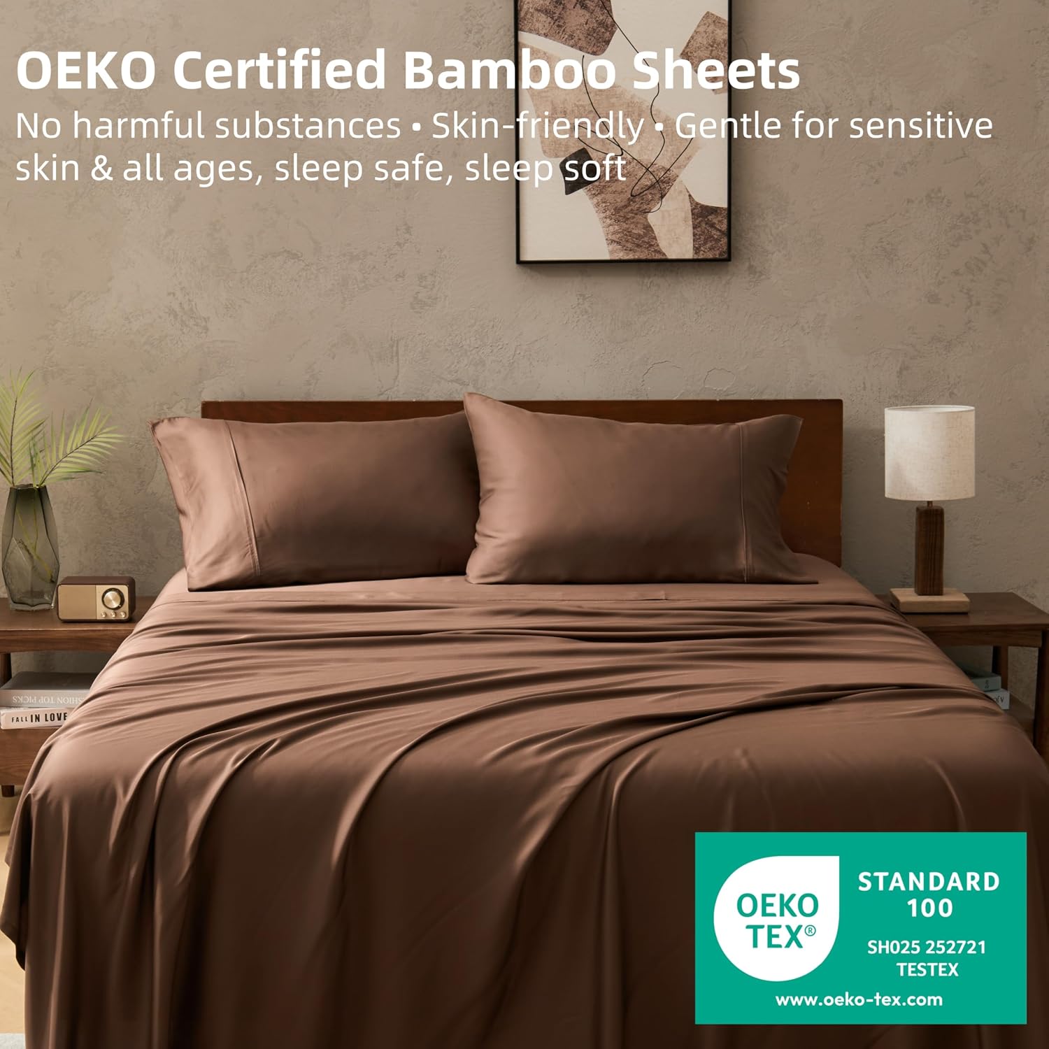 GOKOTTA Queen Sheet Set 4 Pcs,100% Rayon Derived from Bamboo Sheets,Cooling Sheets Queen for Hot Sleepers,16 Inch Deep Pocket Queen Size Bed Sheets with Elastic Corner Straps,Silky Soft - Cocoa Brown