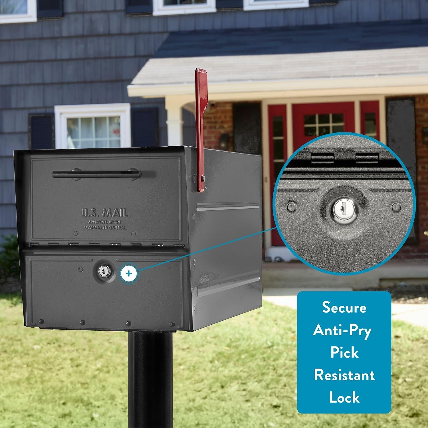 Architectural Mailboxes Oasis® Eclipse™ Secure, Locking USPS Approved Heavy Duty, Anti-Fish Steel Metal Post Mounted Mail Box for Outside, Pewter, Large Curbside Mailbox with Magnetic Latch