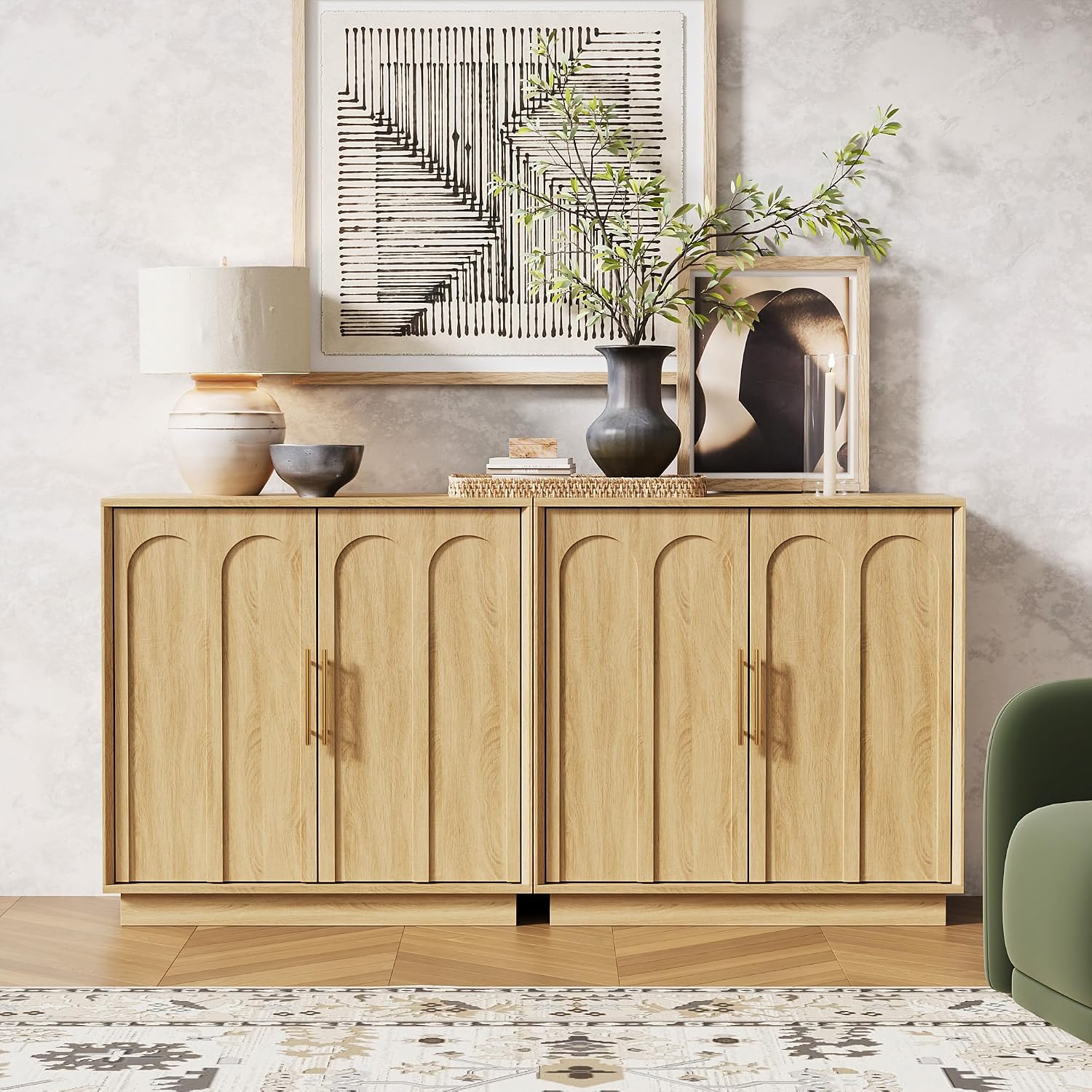 FORTUNETEC Sideboard Buffet Cabinet with Storage Set of 3, Mid Century Modern Accent Cabinet with Arched Doors, Modular Media Console, Credenza for Living Room Kitchen Dining Room Entryway, Oak