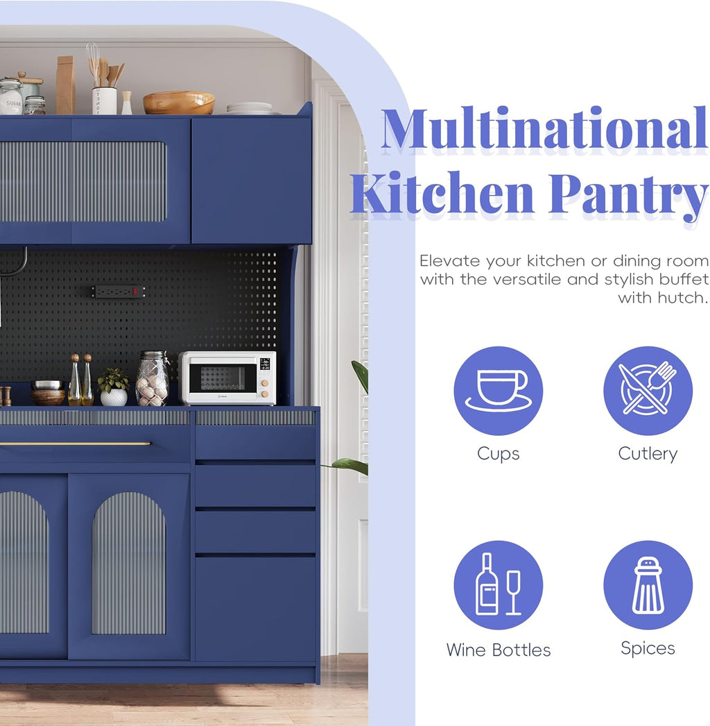 63'' W Buffet Cabinet with Hutch, Large Coffee Bar Storage Cabinet with 6 Drawers, Kitchen Pantry Sideboard with 5 Cabinets and Adjustable Shelves, Pegboard, Towel Rack, Power Outlet
