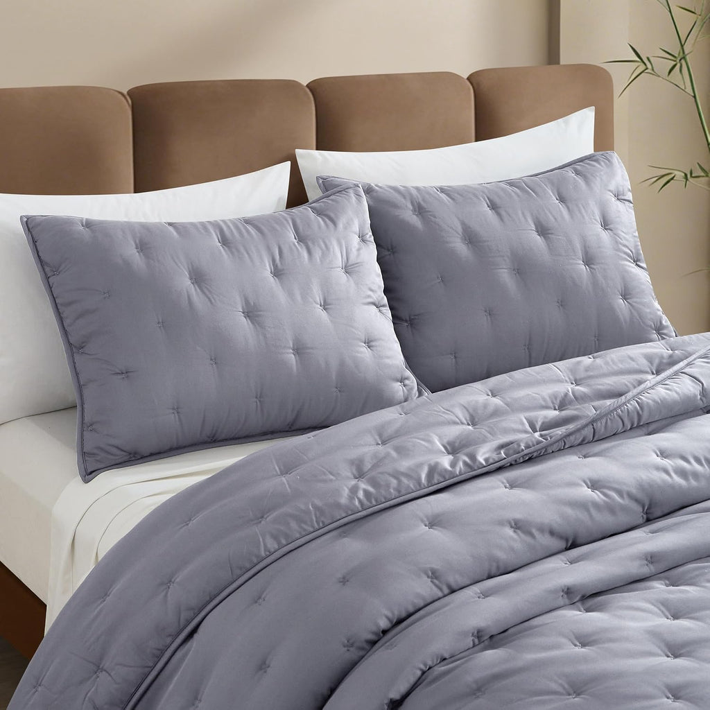 100% Viscose Derived from Bamboo Quilt Set, Soft Dreamer Cross Stitch Bedding, All Season Down Alternative Comforter with 4 Corner Loops, 2-Piece Set, Twin,Dark Grey