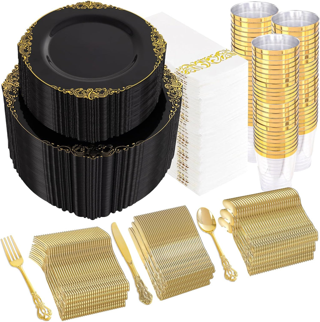 YOUBET 700PCS Black Plastic Plates - Black and Gold Plates - Gold Plastic Dinnerware Set Include 200 Disposable Plate, 300 Heavy Duty Silverware, 100 Cups, 100 Napkins for Wedding & Party